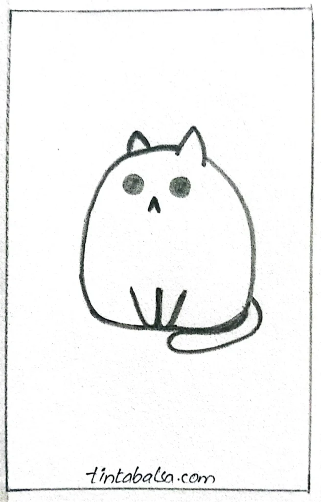 A simple drawing of a cute kitten with rounded features, big eyes, and a curled tail, sitting peacefully."