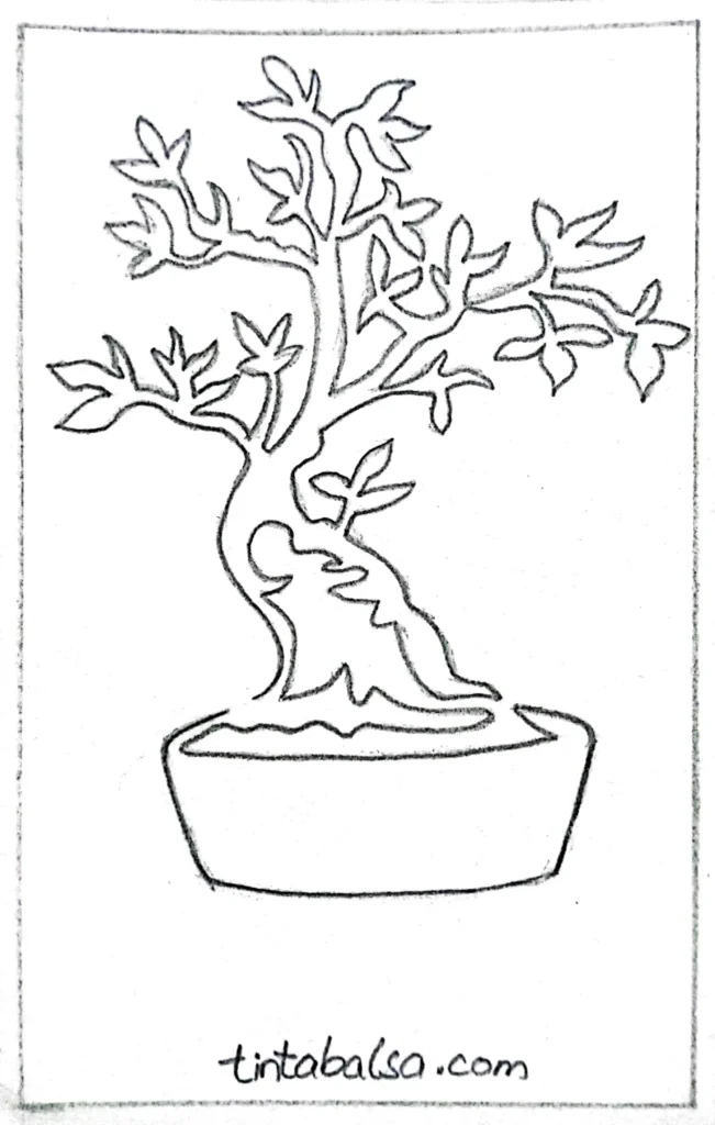 A drawing of a small bonsai tree in a pot, featuring intricate details of its twisted trunk and tiny leaves, symbolising patience and dedication.