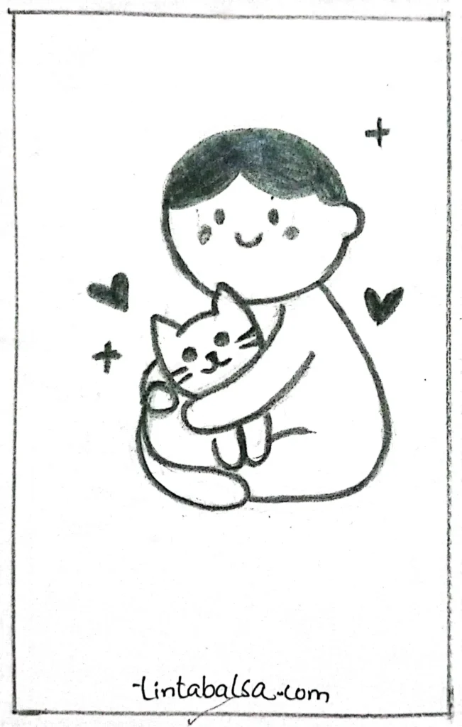 "A drawing of a cat cuddling in its owner’s arms, both showing happy expressions."