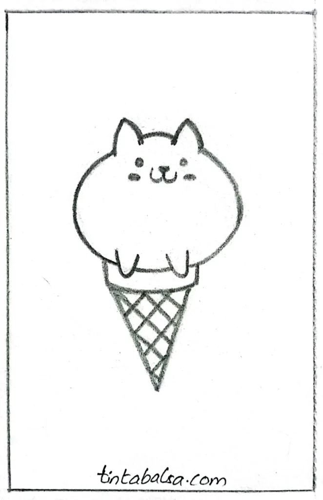 "A playful sketch of a cat’s face on a scoop of ice cream with a cone underneath, blending feline features with dessert."