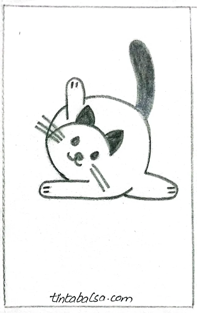 "A stretching cat sketch with front paws extended and tail raised, mimicking a yoga pose."