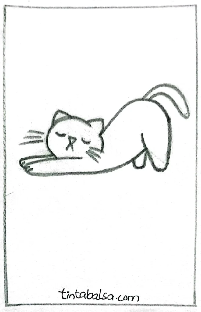 "A sketch of a cat stretching its front paws forward with a relaxed expression."