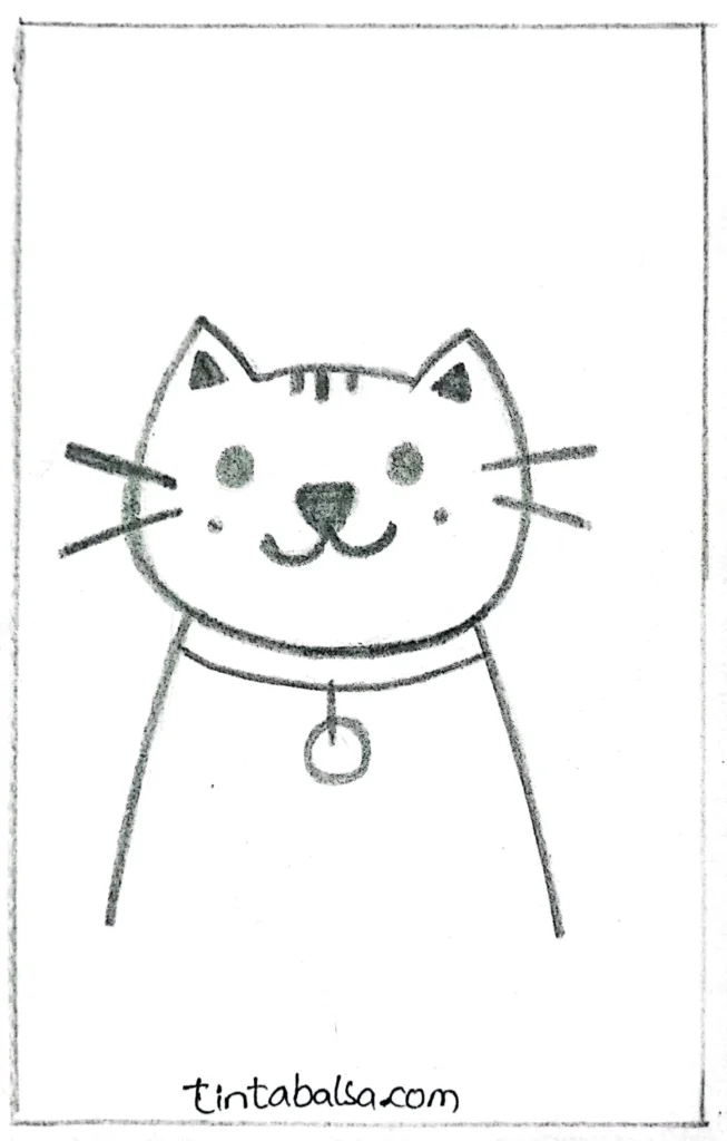 "A cute cat sketch featuring a collar with a tag, large ears, and happy eyes."