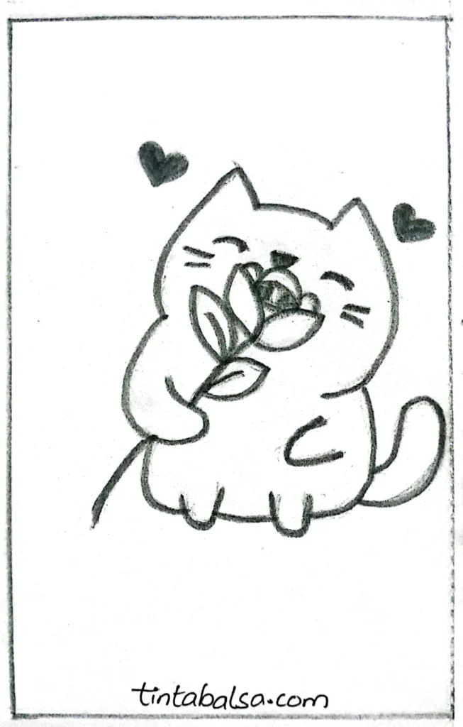 "A cheerful cat holding a rose in its paw, with a simple flower design."