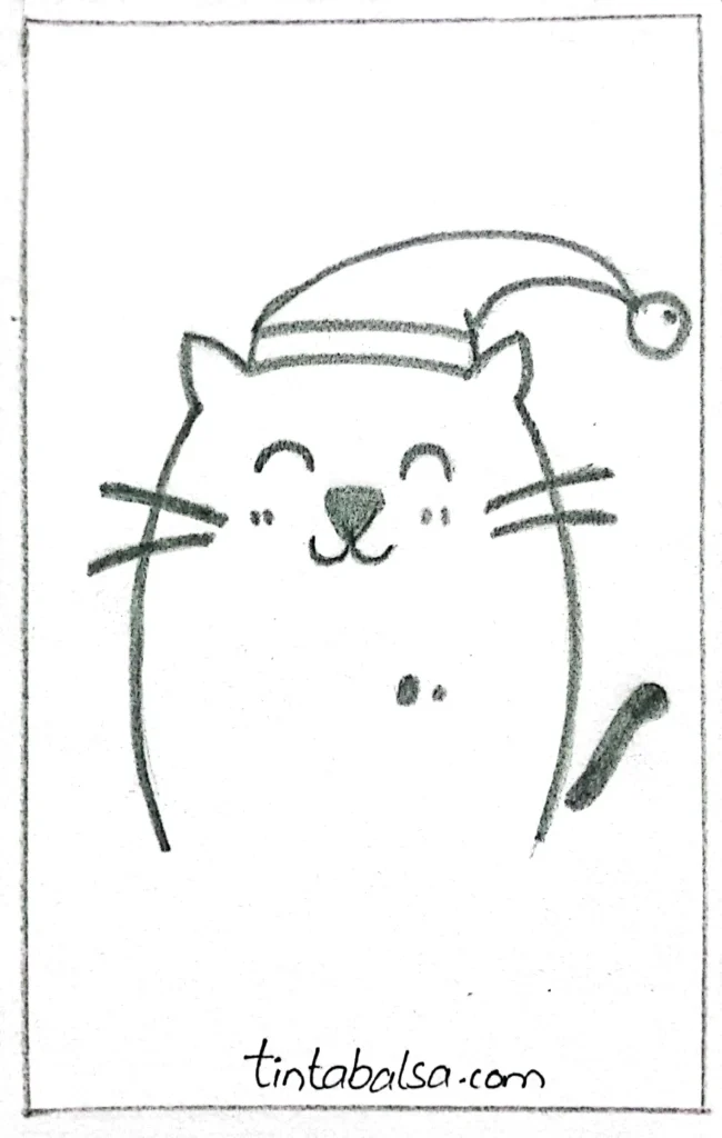 "A festive drawing of a smiling cat wearing a Santa hat, capturing holiday cheer."