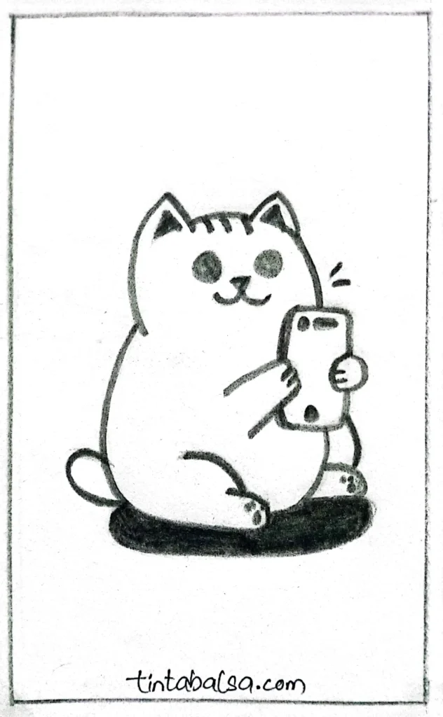 "A modern drawing of a cat sitting upright and holding a smartphone."