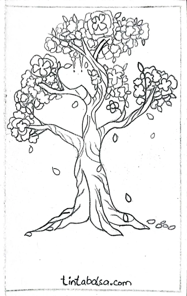 A detailed drawing of a cherry blossom tree with branches covered in delicate pink flowers, symbolising the beauty and renewal of nature during springtime.