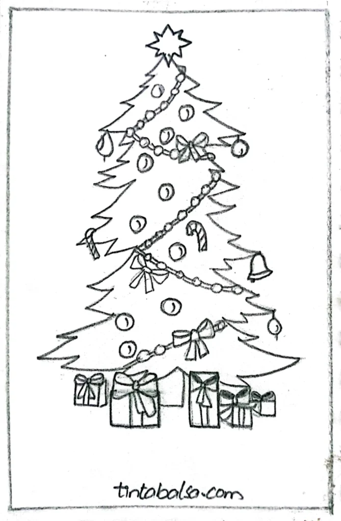 An illustration of a Christmas tree decorated with lights, baubles, and ornaments, evoking the warmth and festive spirit of the holiday season.