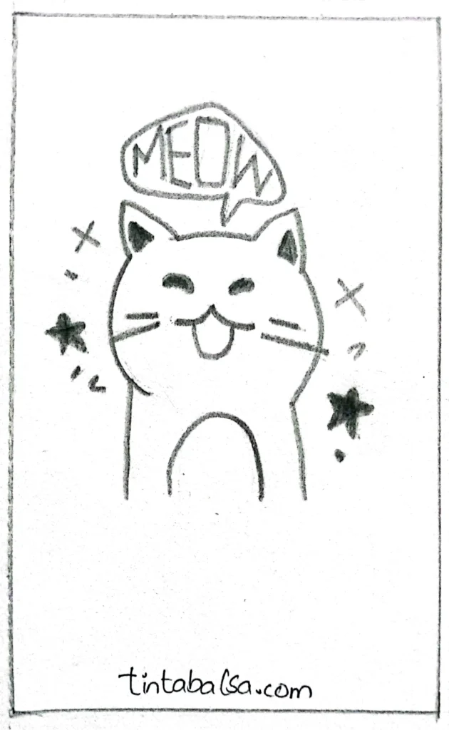 "A kawaii-style cat drawing with a speech bubble saying 'MEOW' and stars around it."