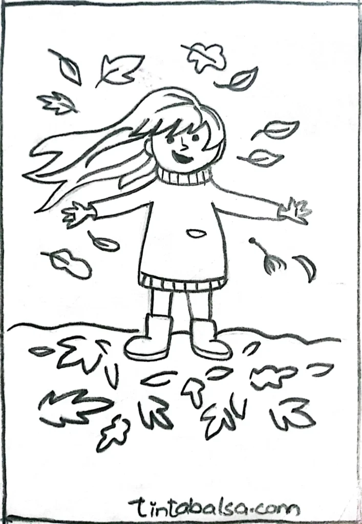 Illustration of a doll wearing winter clothes, including a coat and scarf.