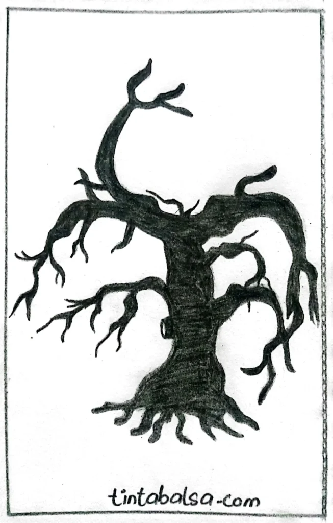 An illustration of an ancient tree with a twisted trunk, gnarled branches, and exposed roots, showing the passage of time and resilience to adversity.