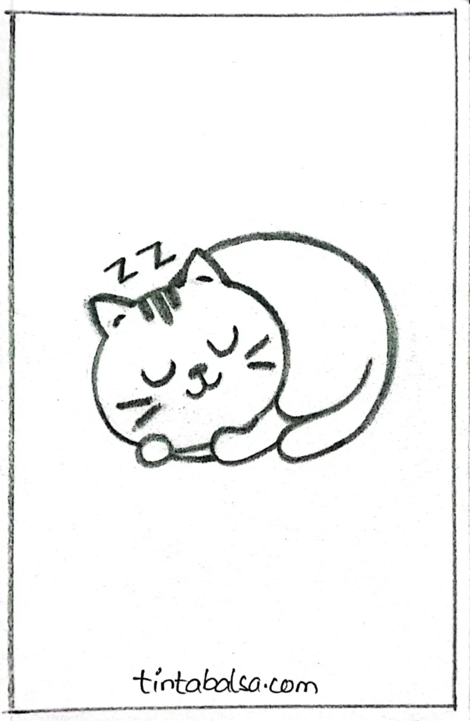 "A curled-up sleeping cat drawing with closed eyes, a round head, and tucked paws."