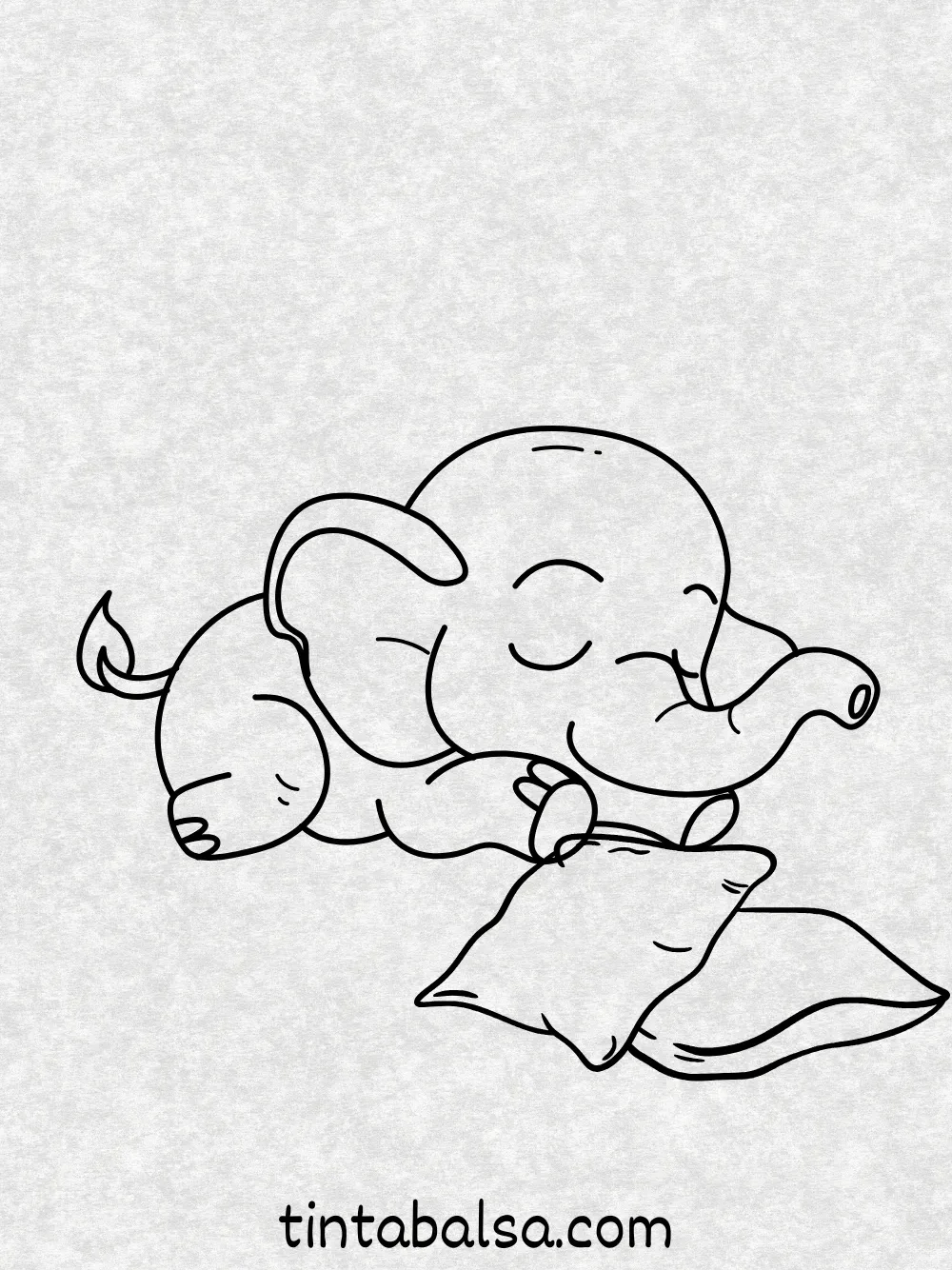 Un tierno bebé elefante acurrucado sobre una almohada, durmiendo plácidamente con "zzz" flotando encima.