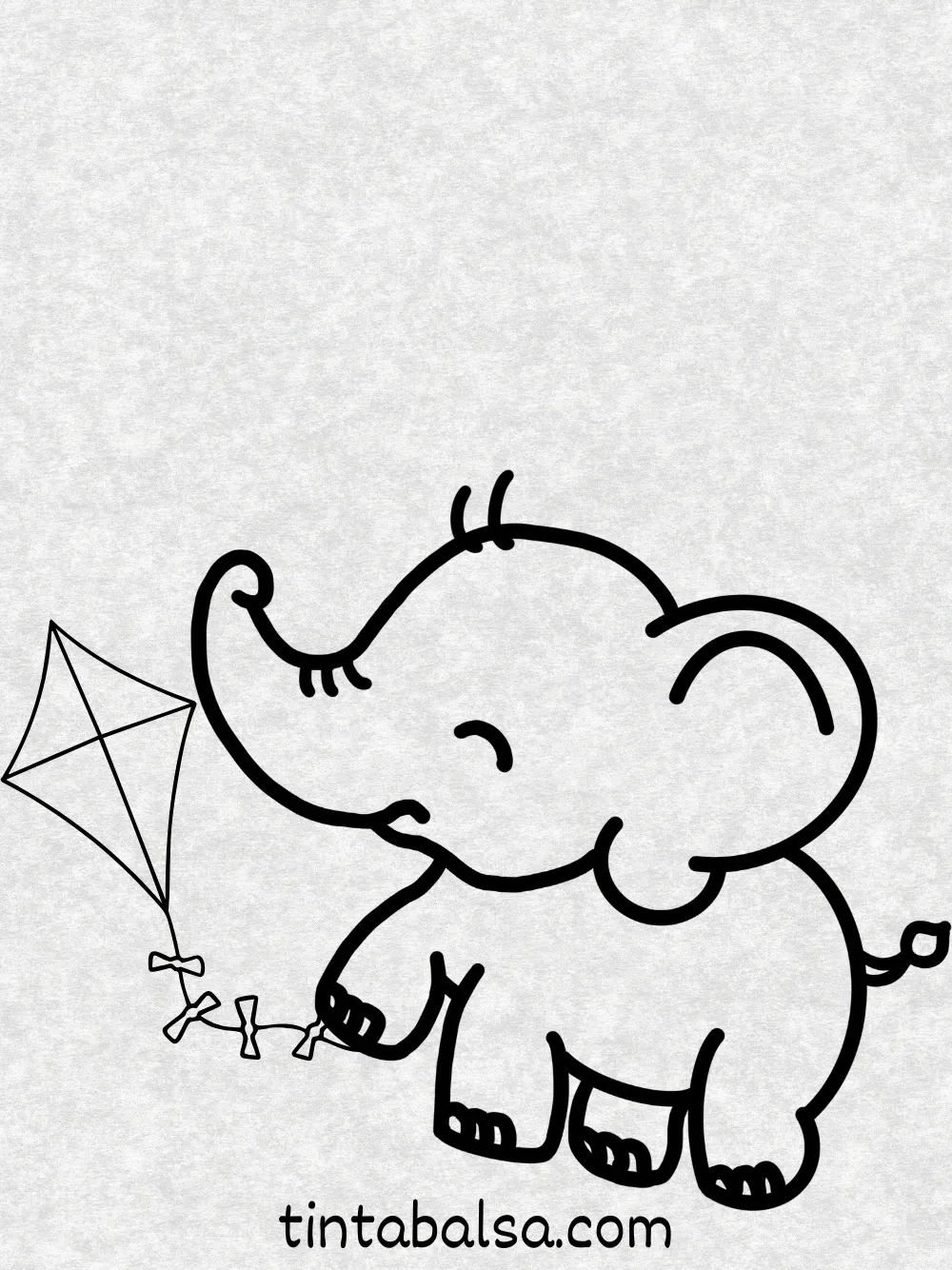 Elefante Volando una Cometa – Un elefante emocionado sosteniendo una cometa mientras esta vuela alto en el cielo.