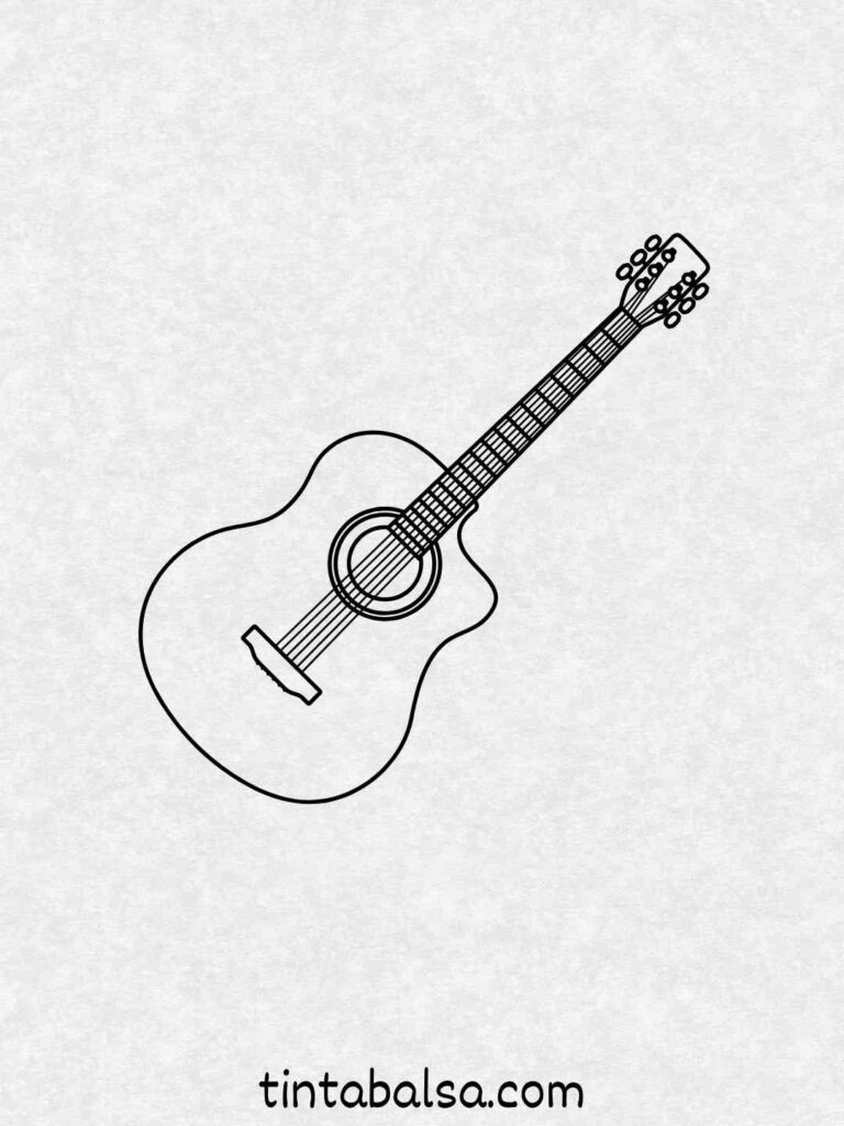 Una guitarra acústica Dibuja una guitarra con detalles en las cuerdas.