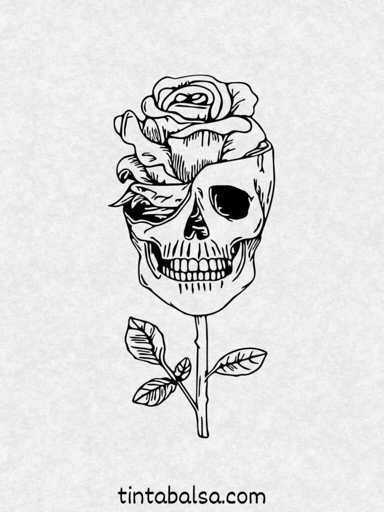 Un tatuaje de calavera y rosas Haz un diseño de tatuaje con elementos contrastantes.