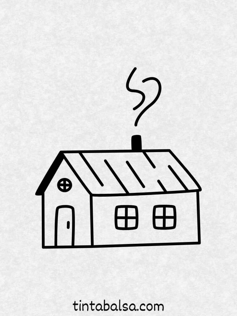 Una casa con chimenea Dibuja una casa pequeña con ventanas y techo inclinado.