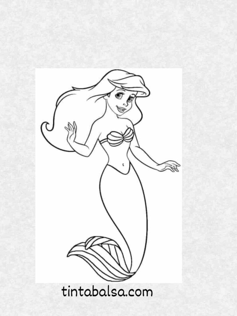  Dibujo de Ariel nadando en el océano con su cabello rojo ondeando.
