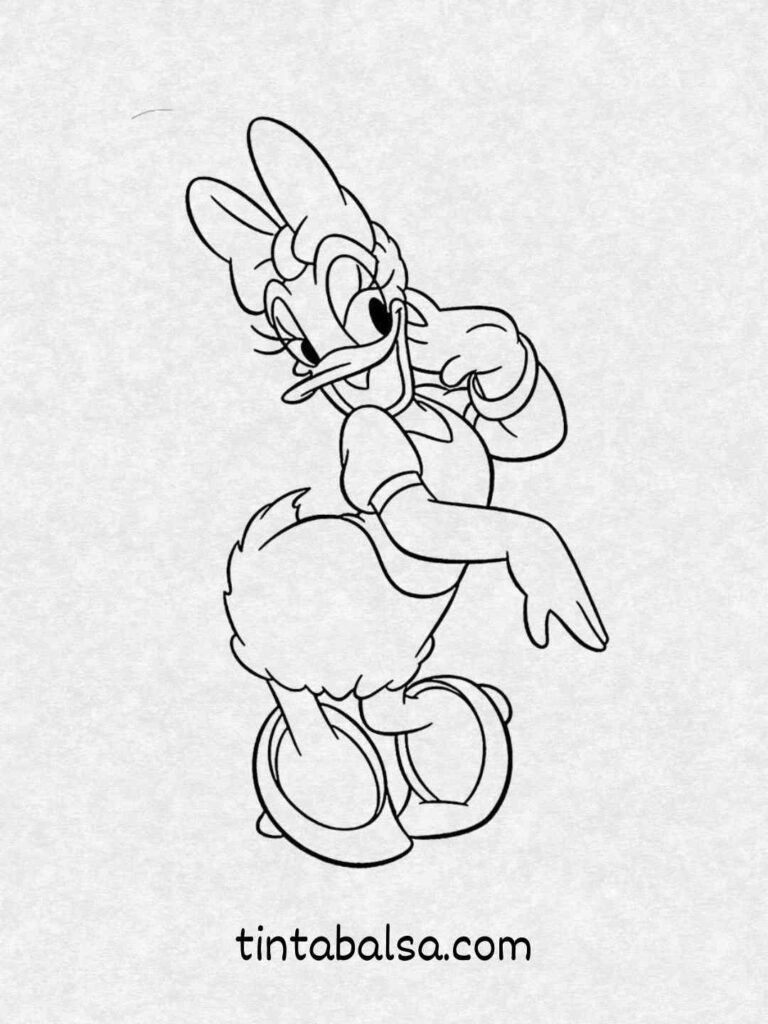 Daisy Duck sonriendo con un gran lazo rosa y vestido a juego.