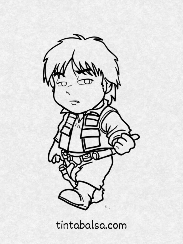 Versión chibi de Han Solo con su atuendo clásico y expresión traviesa.