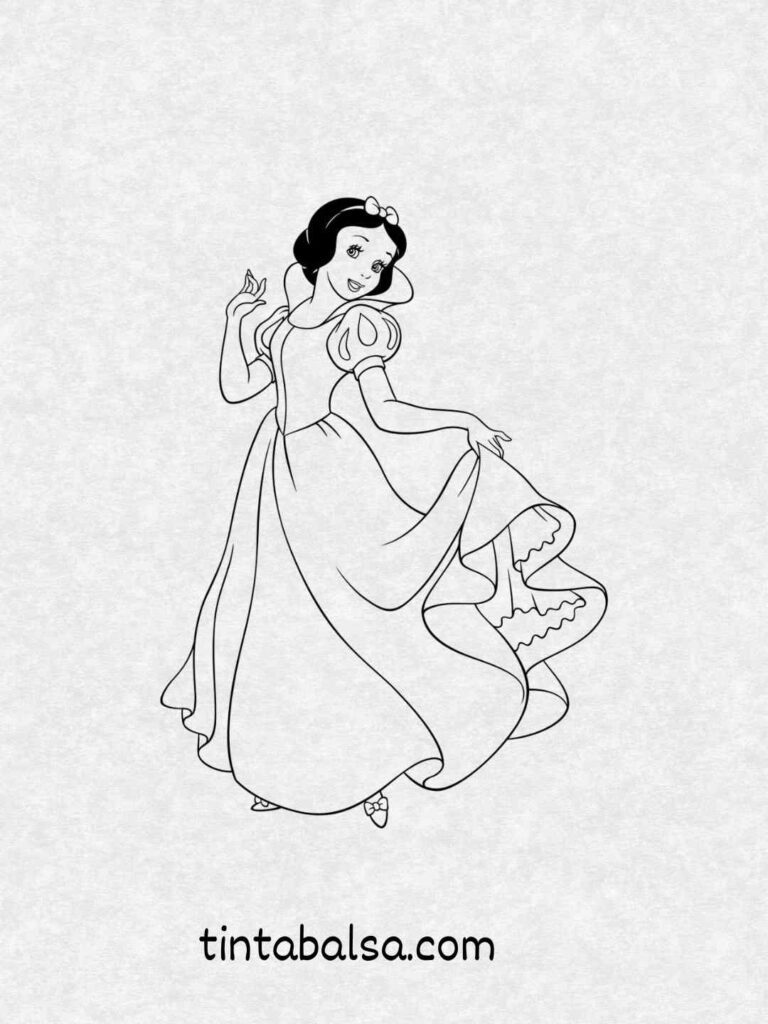 Blancanieves sosteniendo una manzana roja con el Espejo Mágico al fondo.