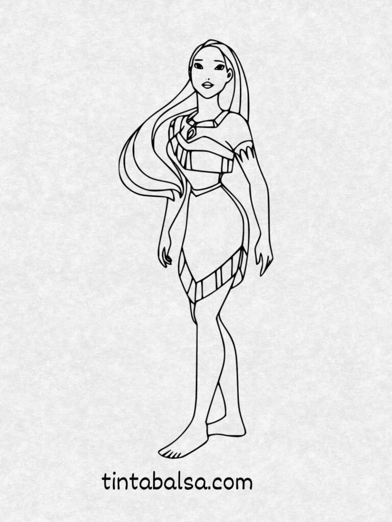 Pocahontas standing by a river with the wind blowing through her hair.