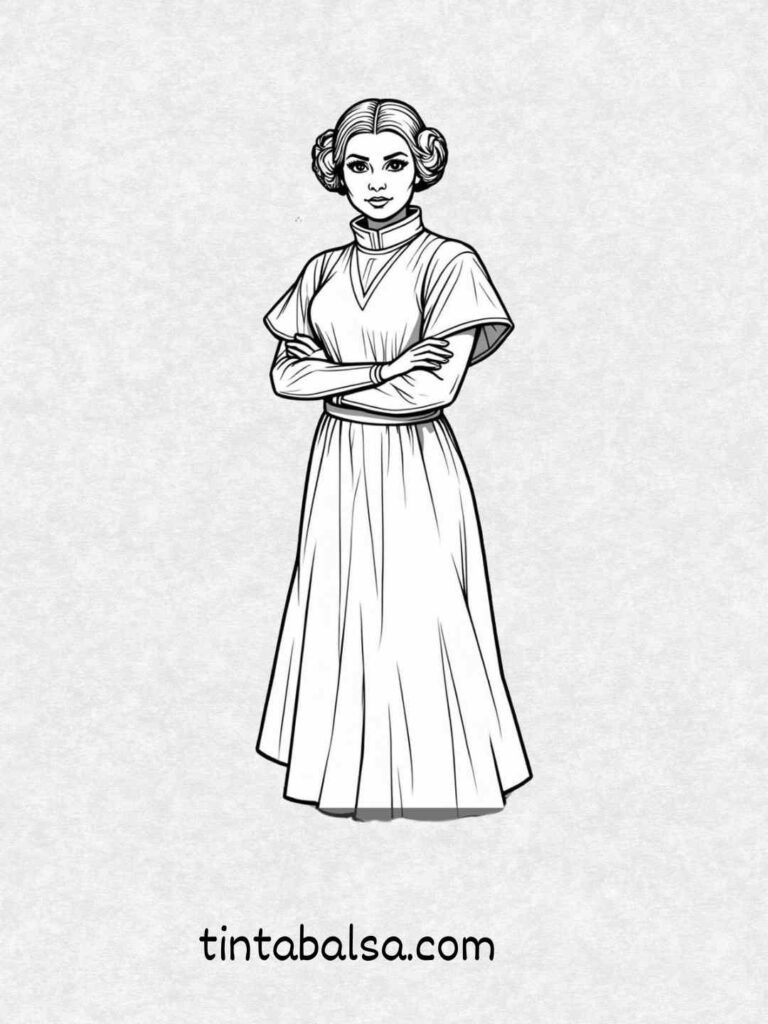 Princesa Leia con su bláster y su clásico vestido blanco y moños.