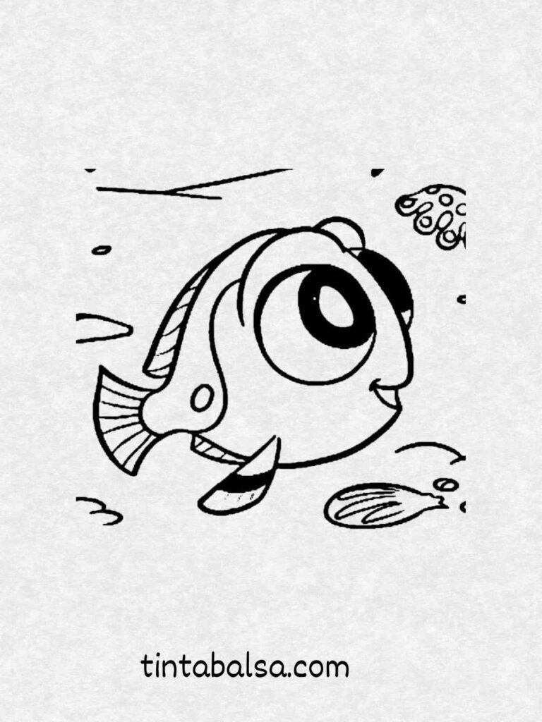 Dory bebé con grandes ojos brillantes nadando en el océano.
