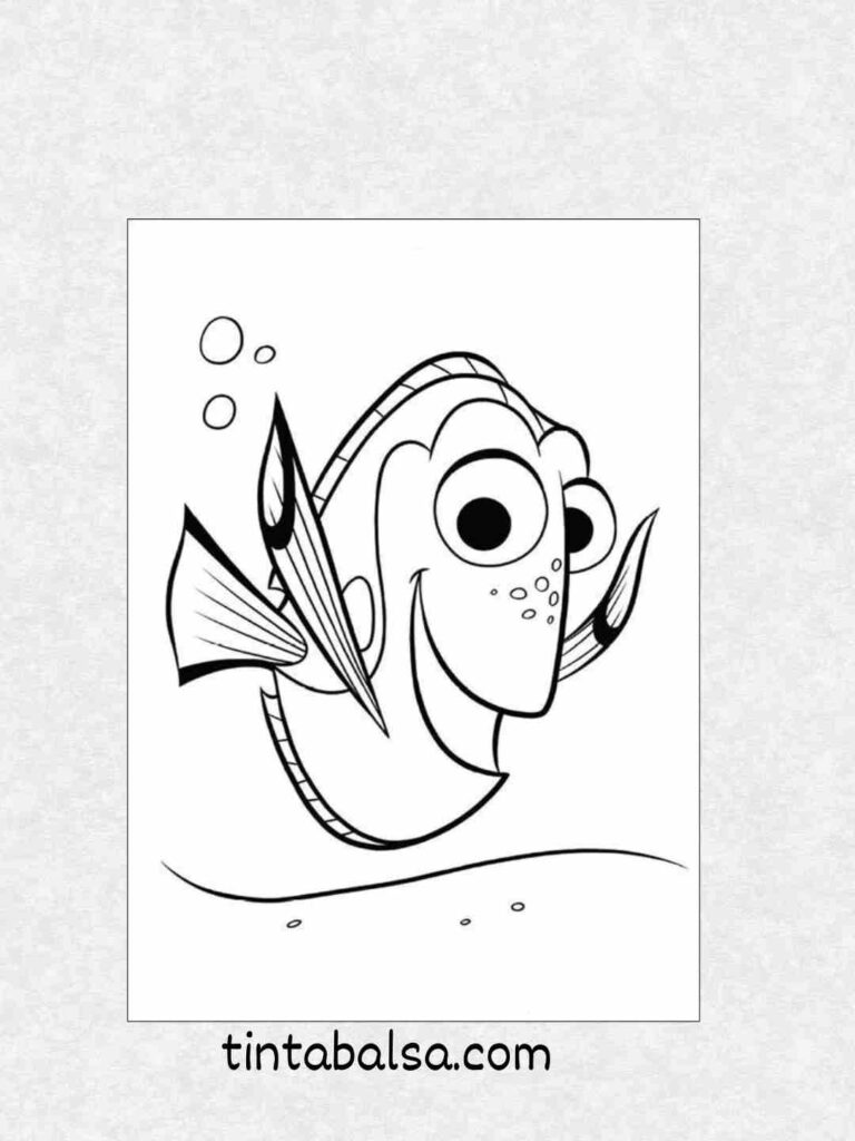 Dibujo colorido de Nemo nadando con su aleta pequeña.
