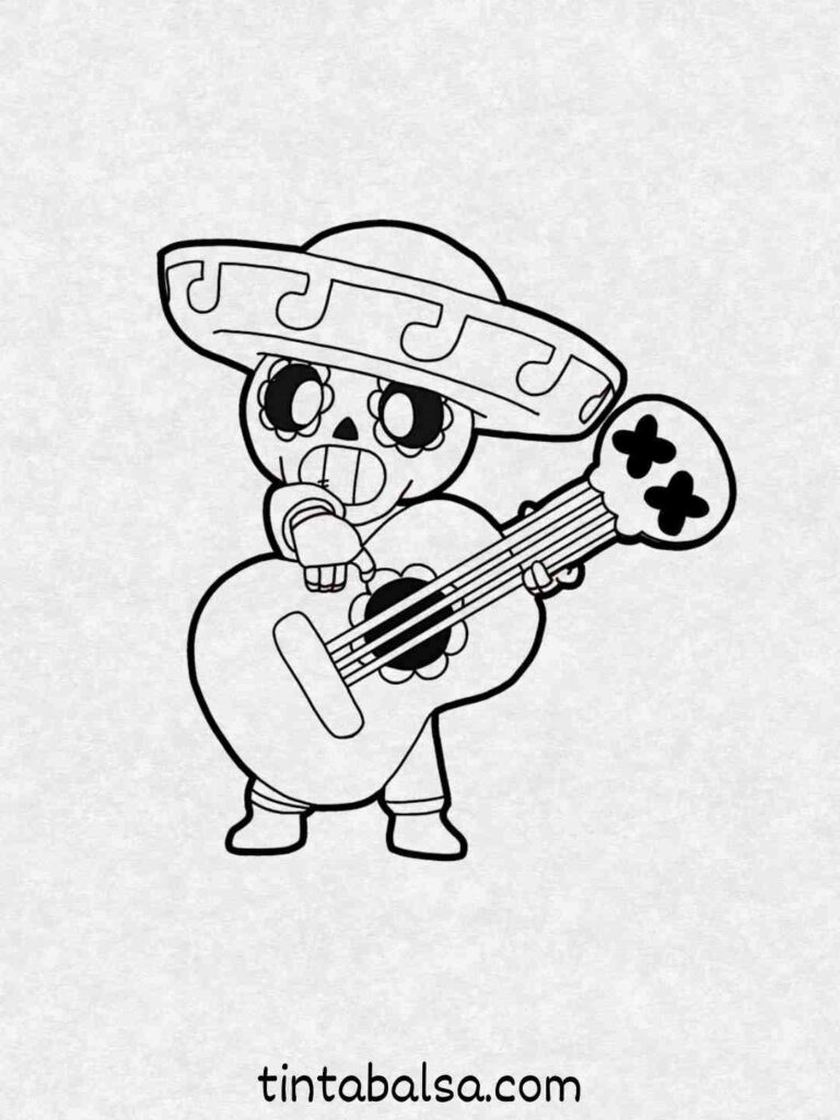 Poco – Poco tocando su guitarra, con ropa de mariachi y decoración inspirada en el Día de los Muertos.